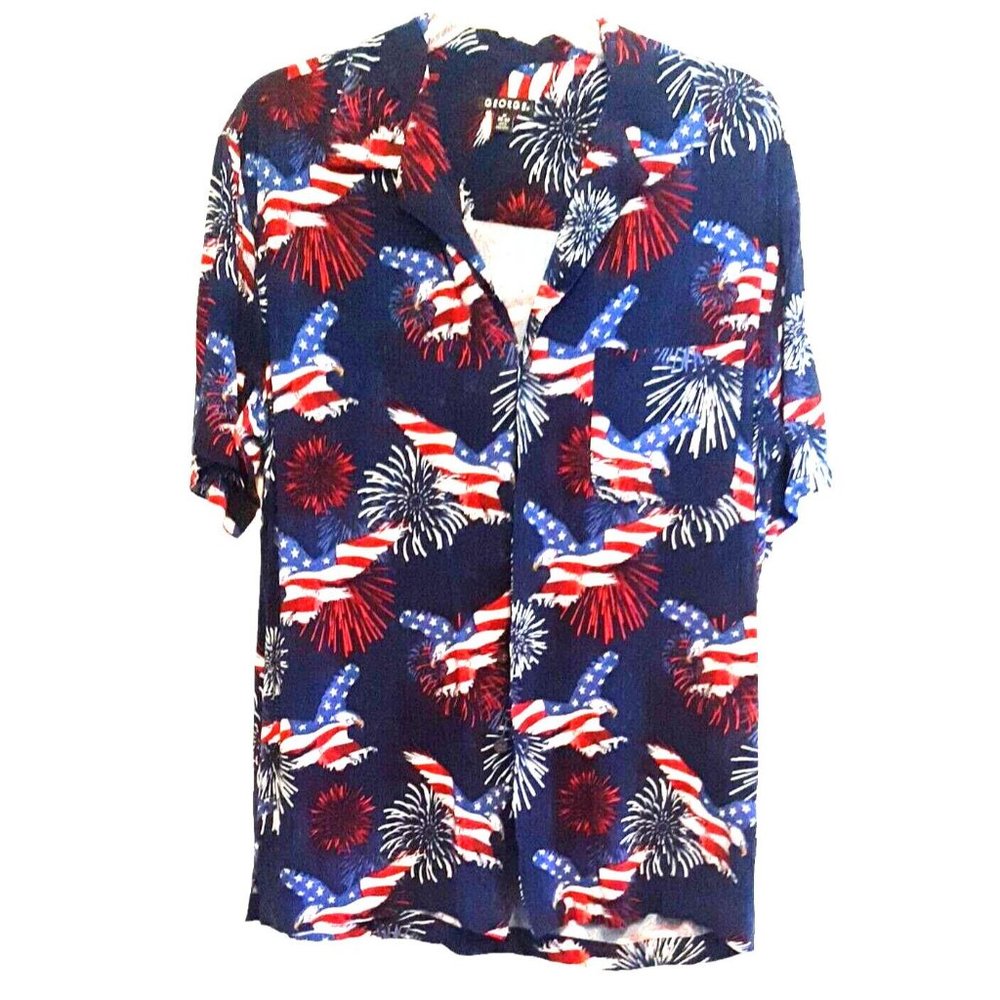 Mens Medium 38-40 Patriotic Shirt Red White Blue Fireworks Collared